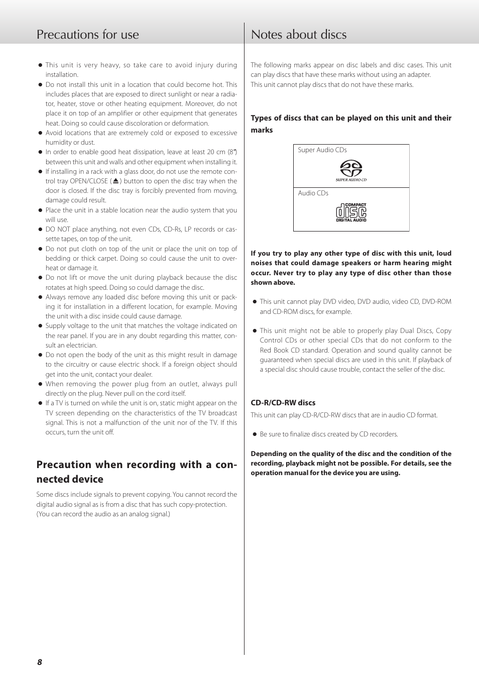 Precautions for use, Notes about discs, Precautions for use notes about discs | Teac K-01X User Manual | Page 8 / 84