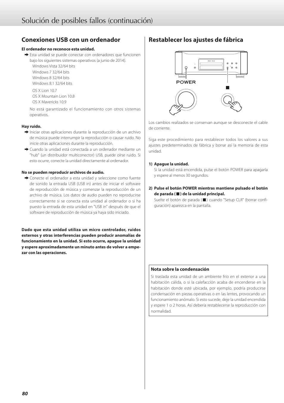 Solución de posibles fallos (continuación), Conexiones usb con un ordenador, Restablecer los ajustes de fábrica | Teac K-01X User Manual | Page 80 / 84