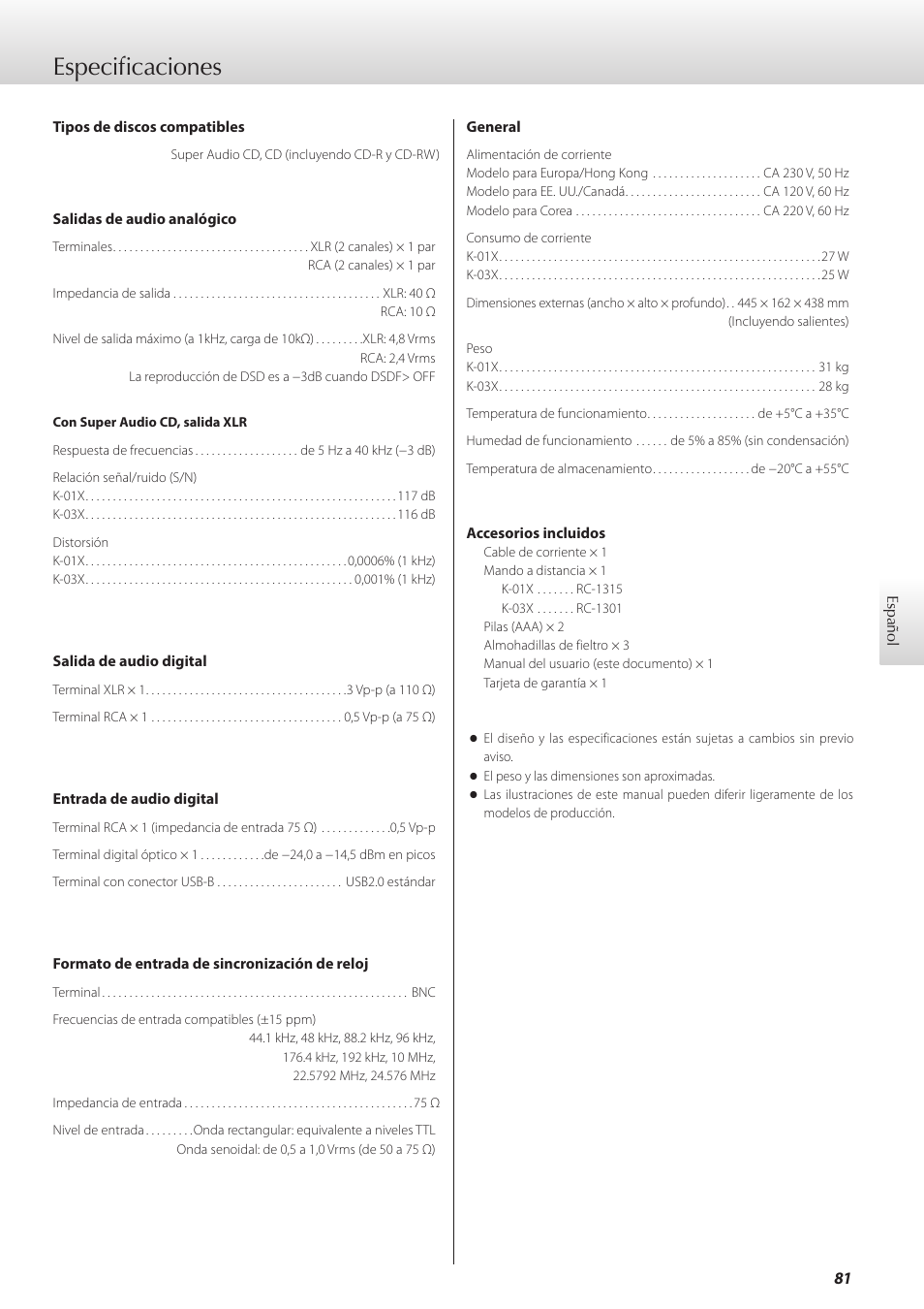 Especificaciones | Teac K-01X User Manual | Page 81 / 84