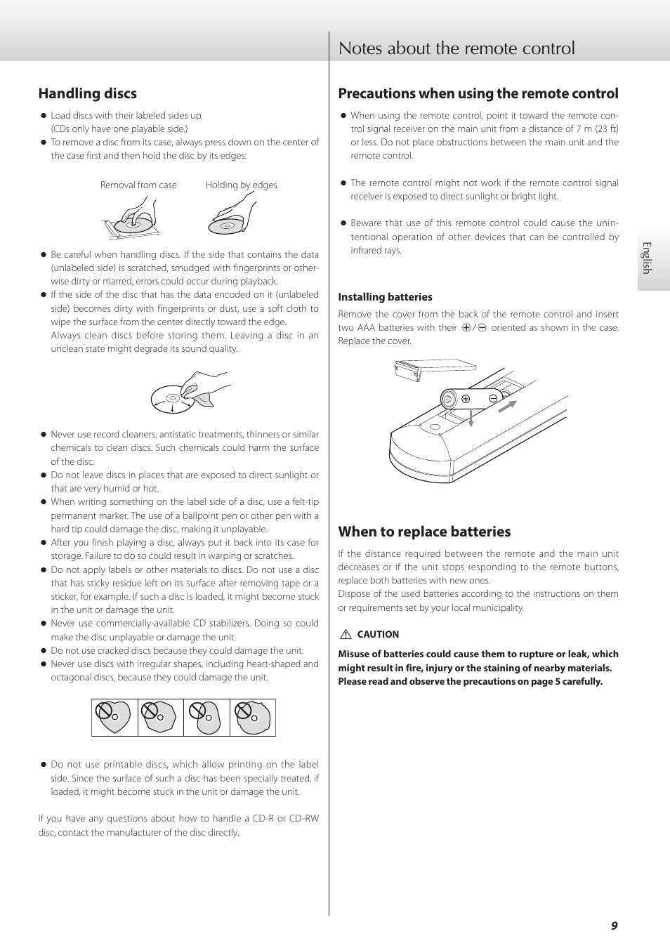 Notes about the remote control, Precautions when using the remote control, When to replace batteries | Handling discs | Teac K-01X User Manual | Page 9 / 84