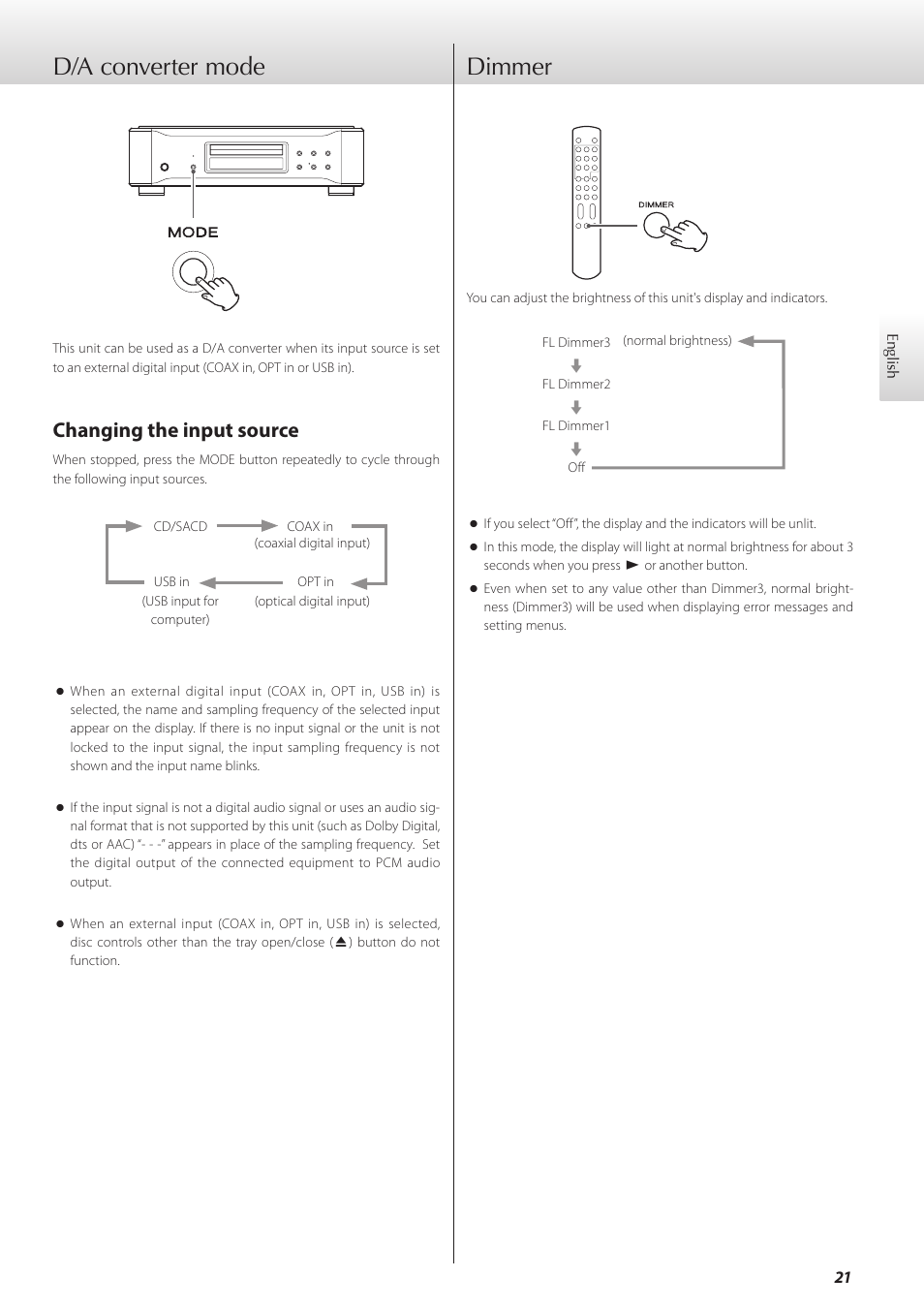 D/a converter mode, Dimmer, D/a converter mode dimmer | Changing the input source | Teac K-05X User Manual | Page 21 / 96