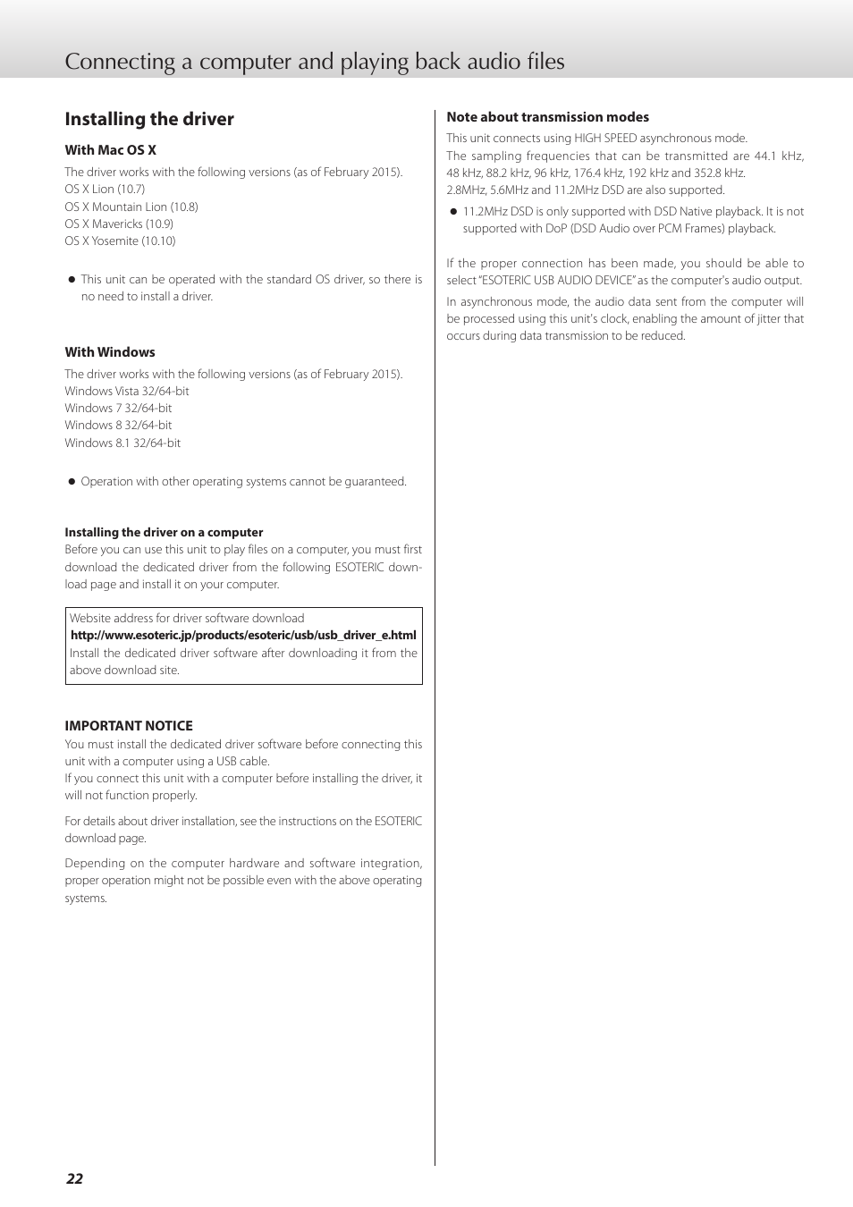 Connecting a computer and playing back audio files, Installing the driver | Teac K-05X User Manual | Page 22 / 96