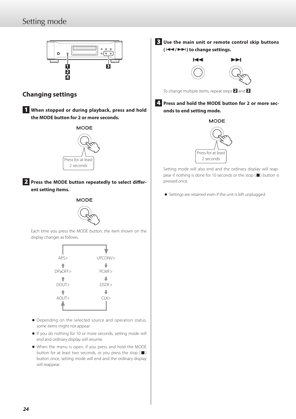 Setting mode, Changing settings | Teac K-05X User Manual | Page 24 / 96