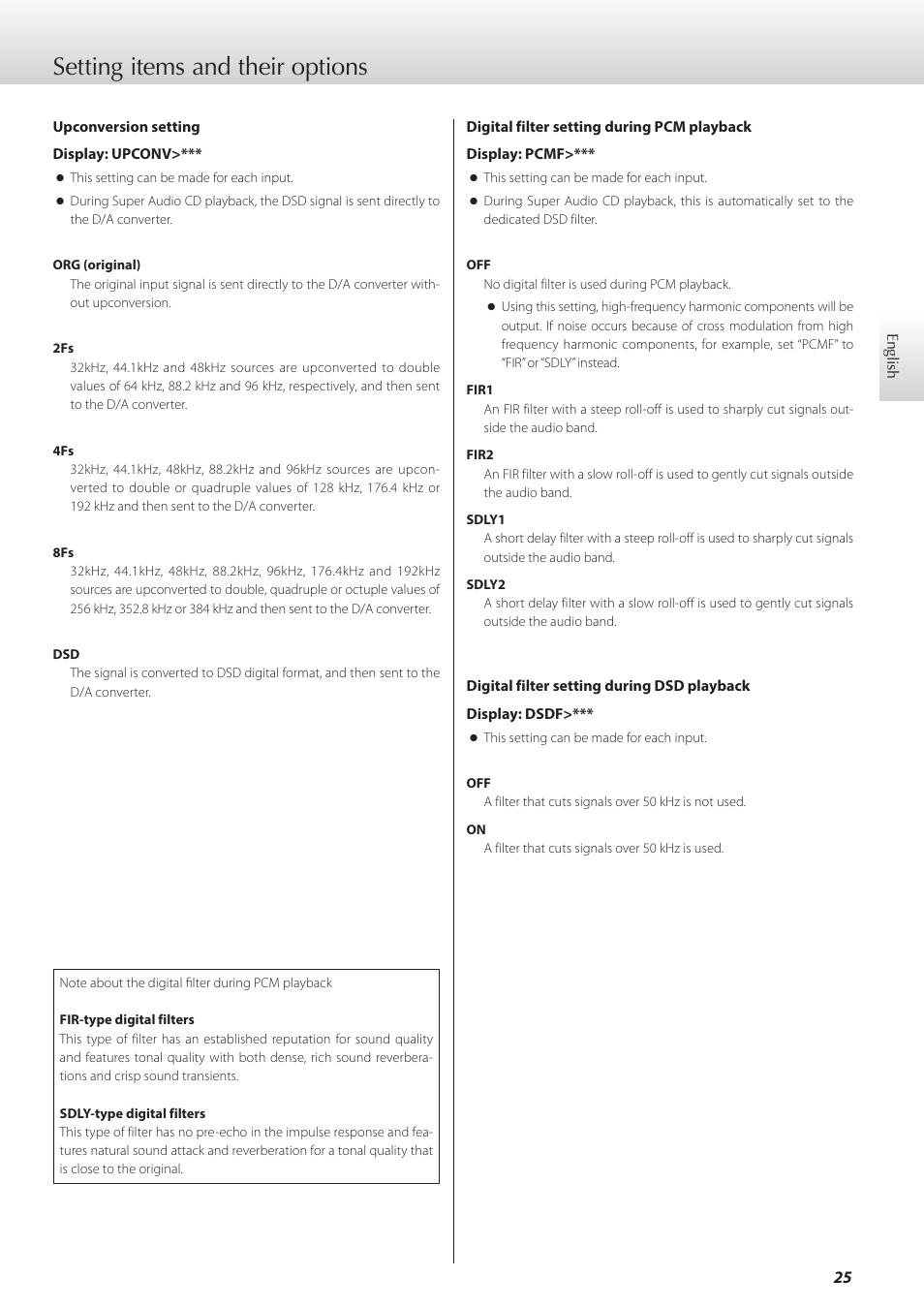 Setting items and their options | Teac K-05X User Manual | Page 25 / 96