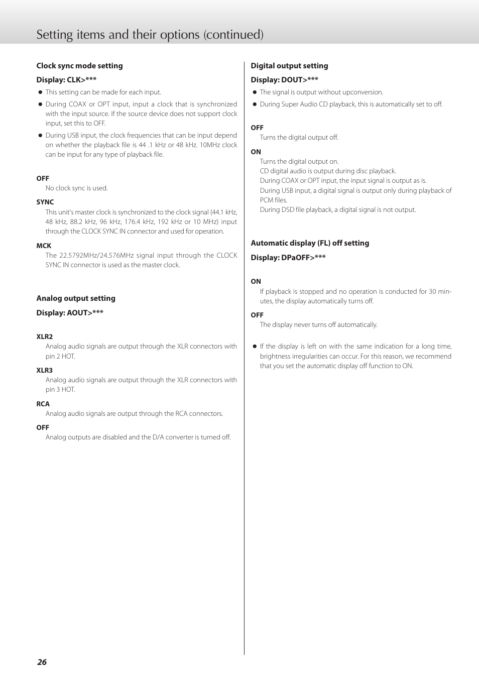 Setting items and their options (continued) | Teac K-05X User Manual | Page 26 / 96