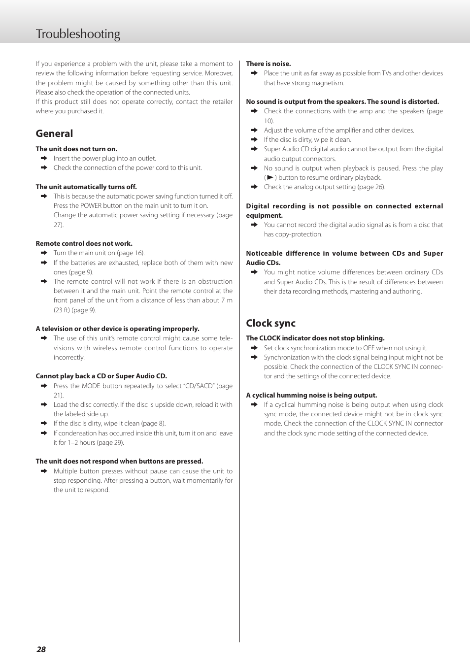 Troubleshooting, General, Clock sync | Teac K-05X User Manual | Page 28 / 96