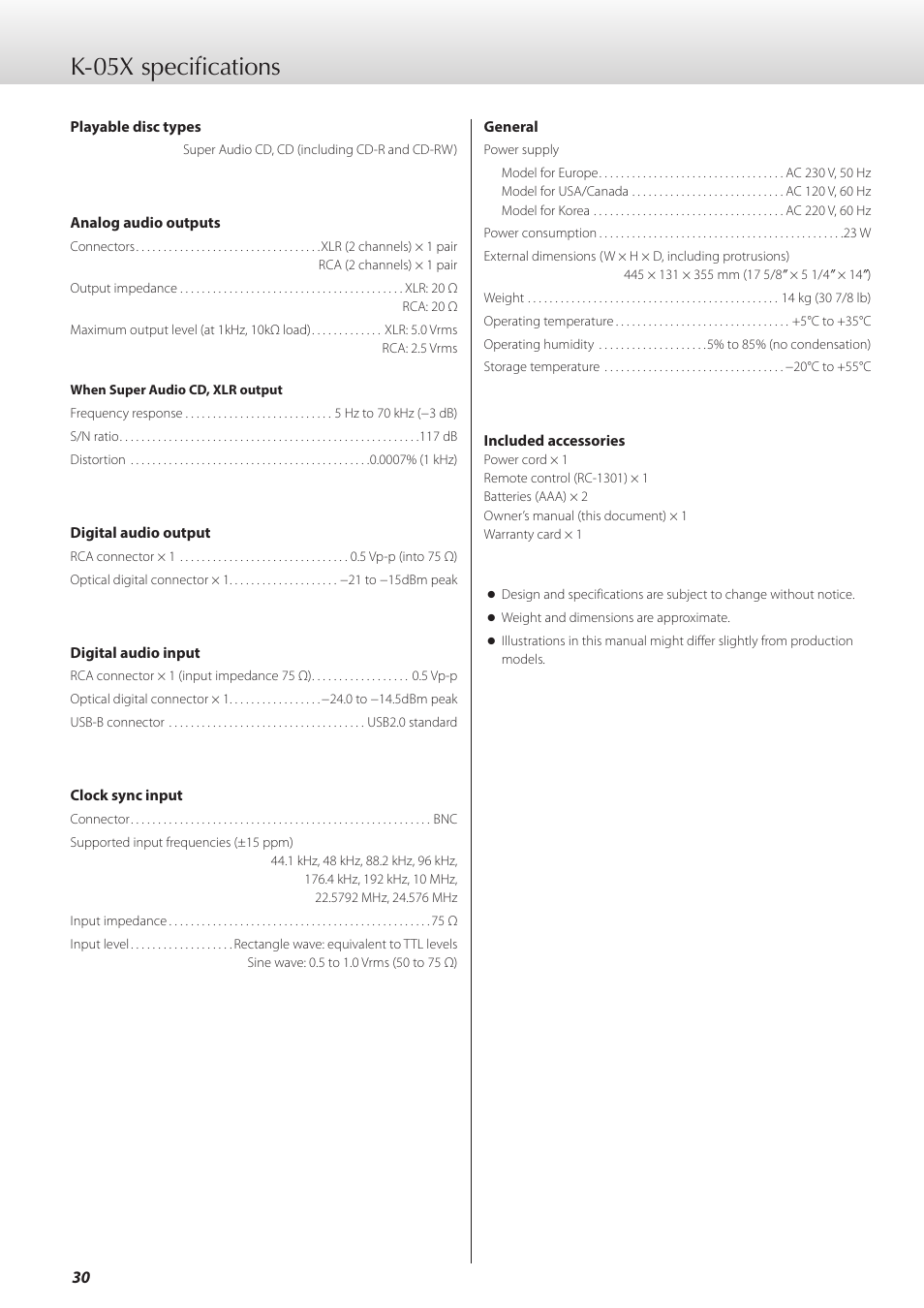 K-05x specifications | Teac K-05X User Manual | Page 30 / 96