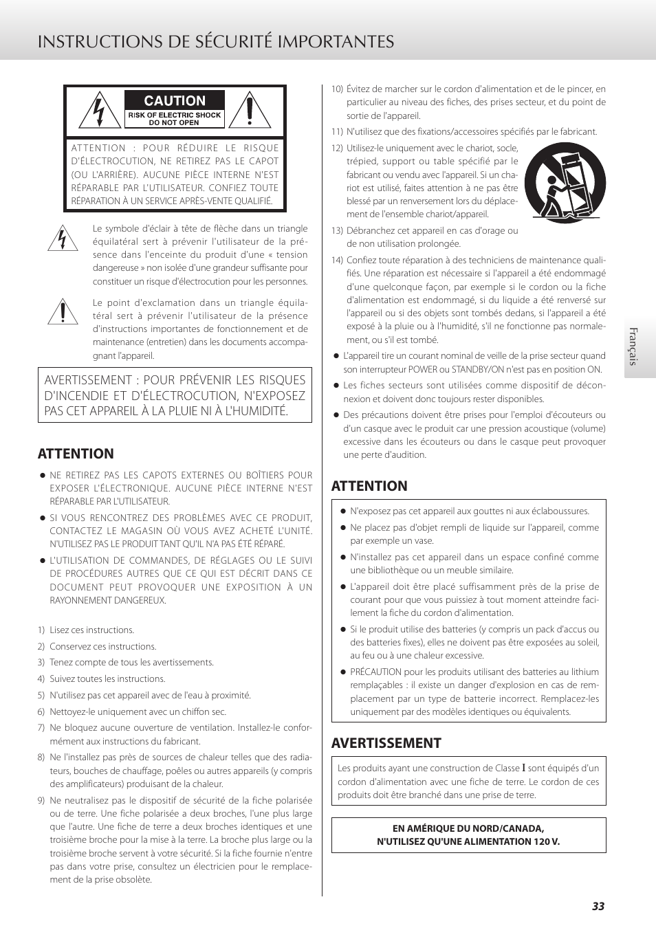 Français, Instructions de sécurité importantes, Attention | Avertissement | Teac K-05X User Manual | Page 33 / 96