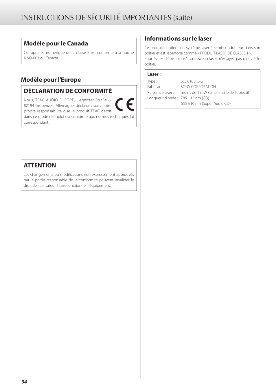 Instructions de sécurité importantes (suite), Modèle pour le canada, Modèle pour l'europe déclaration de conformité | Attention, Informations sur le laser | Teac K-05X User Manual | Page 34 / 96