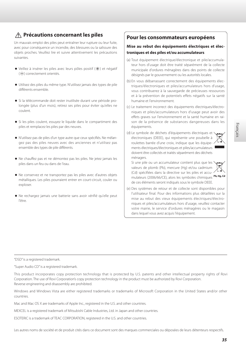 Vprécautions concernant les piles, Pour les consommateurs européens | Teac K-05X User Manual | Page 35 / 96