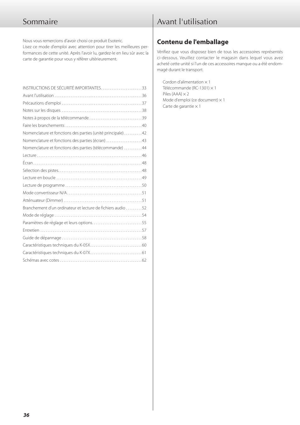 Avant l'utilisation, Sommaire | Teac K-05X User Manual | Page 36 / 96