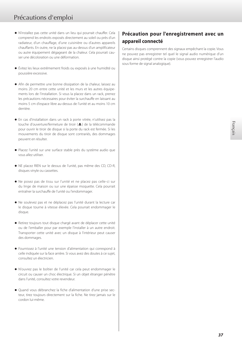 Précautions d'emploi | Teac K-05X User Manual | Page 37 / 96