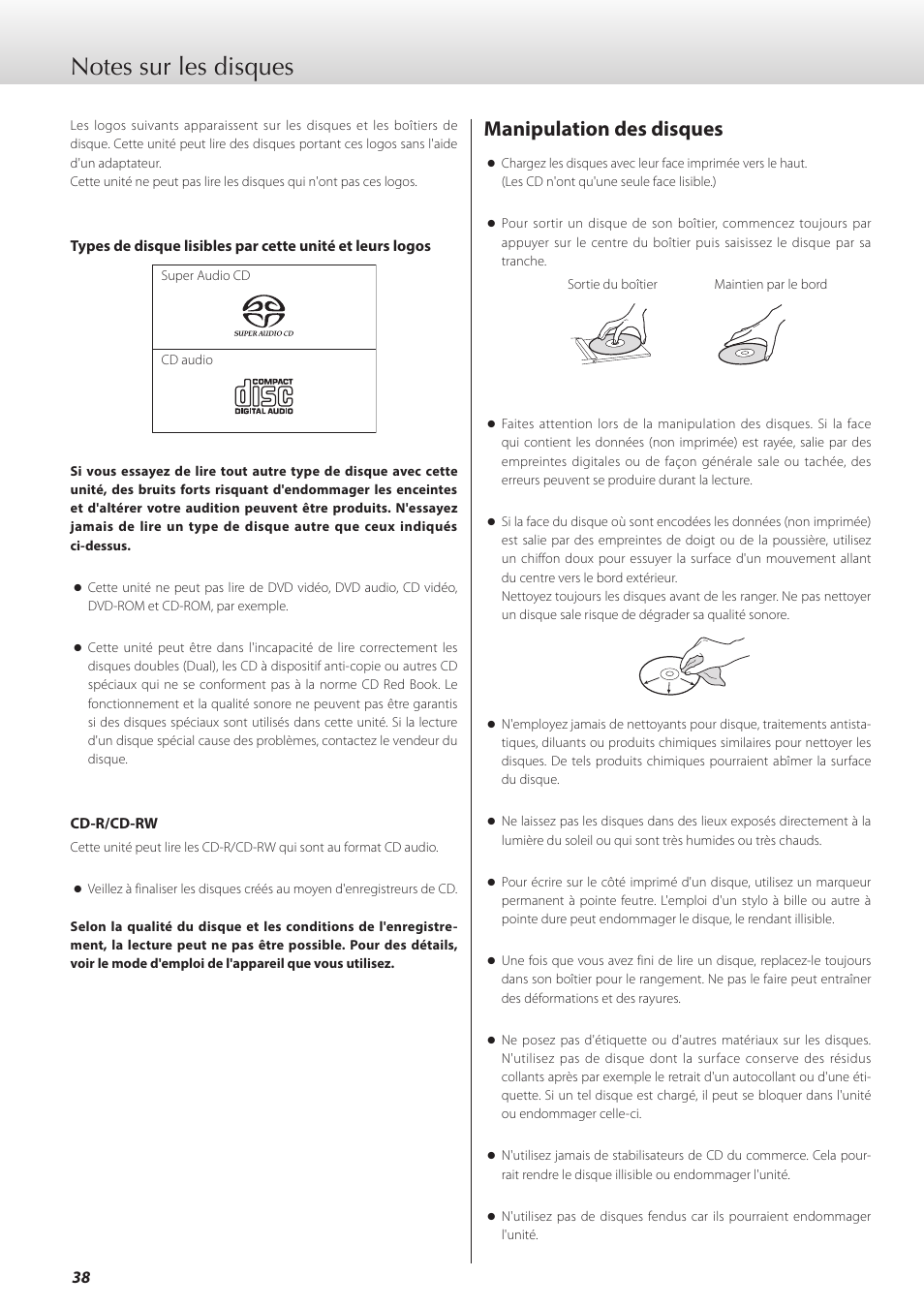 Notes sur les disques, Manipulation des disques | Teac K-05X User Manual | Page 38 / 96