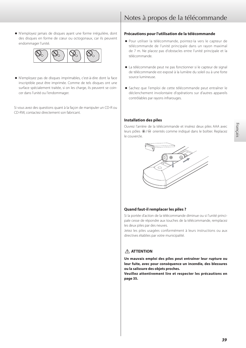 Notes à propos de la télécommande | Teac K-05X User Manual | Page 39 / 96