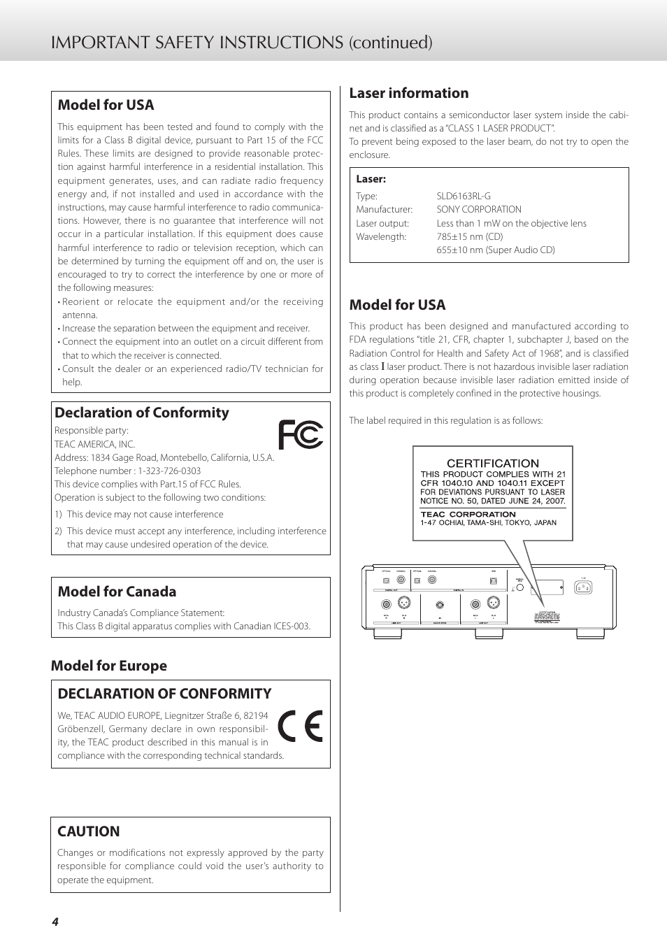 Important safety instructions (continued), Model for usa, Declaration of conformity | Model for canada, Model for europe declaration of conformity, Caution, Laser information | Teac K-05X User Manual | Page 4 / 96