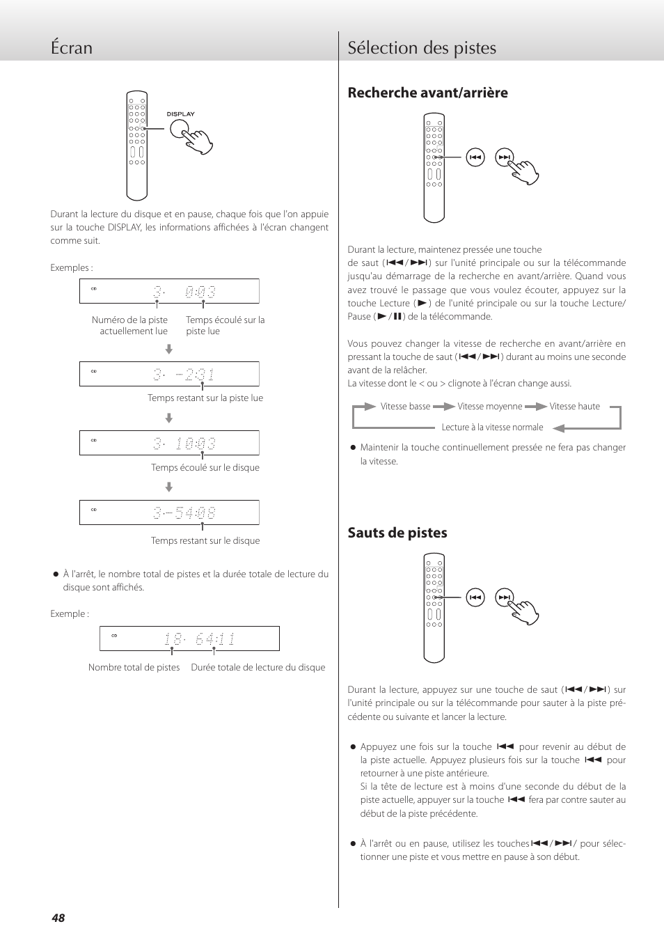 Écran, Sélection des pistes, Écran sélection des pistes | Recherche avant/arrière, Sauts de pistes | Teac K-05X User Manual | Page 48 / 96