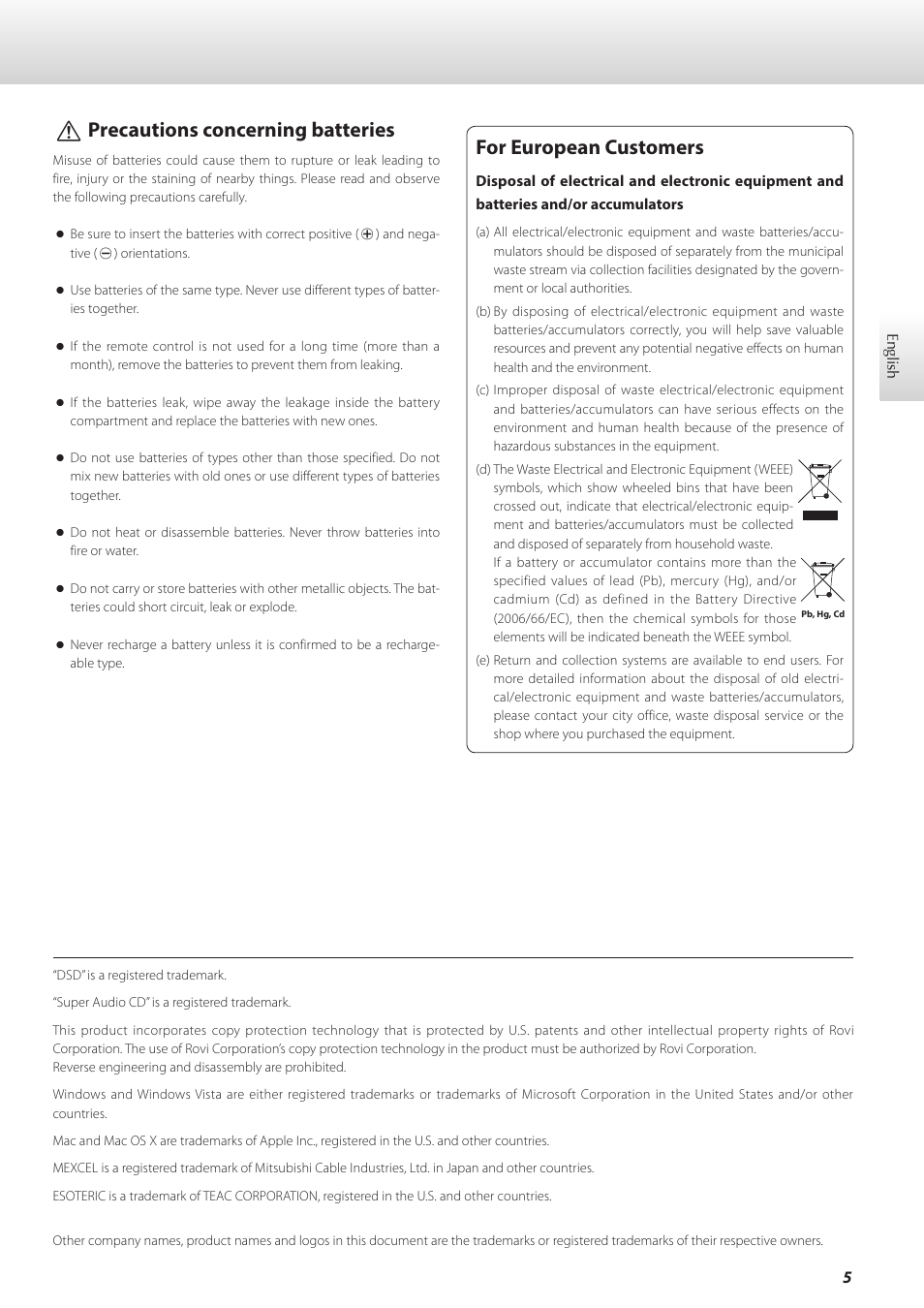 For european customers, Vprecautions concerning batteries | Teac K-05X User Manual | Page 5 / 96