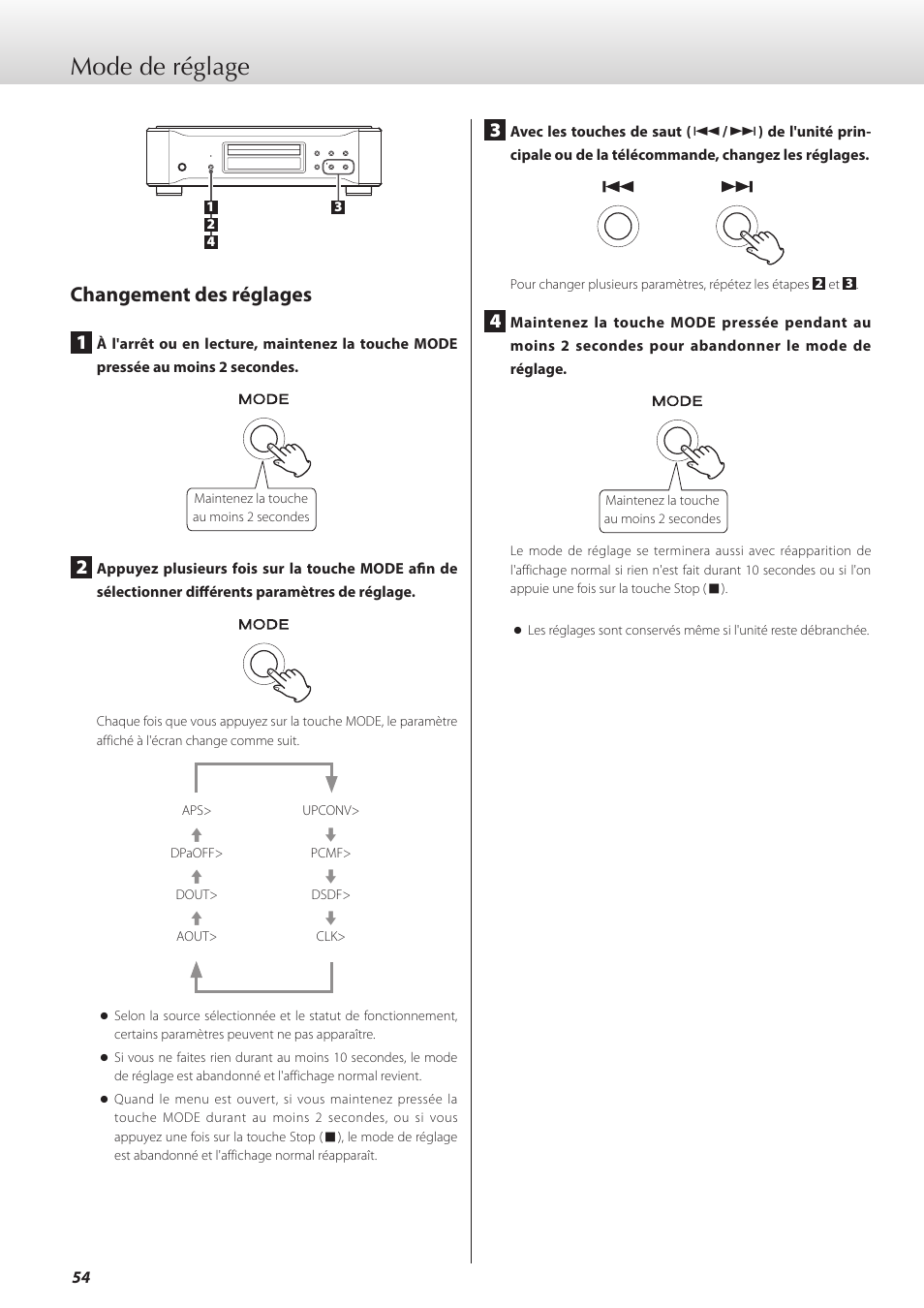 Mode de réglage, Changement des réglages | Teac K-05X User Manual | Page 54 / 96