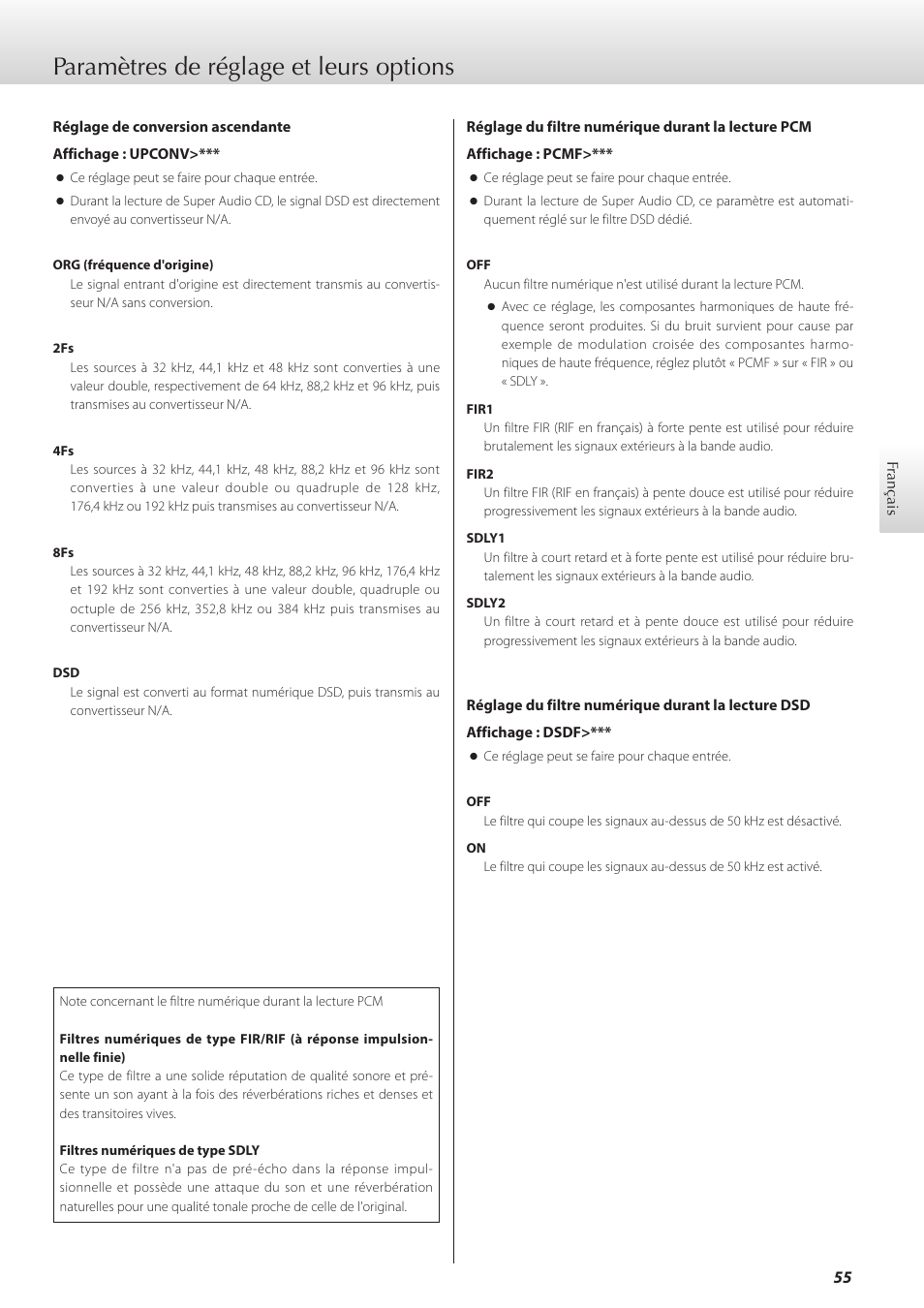 Paramètres de réglage et leurs options | Teac K-05X User Manual | Page 55 / 96