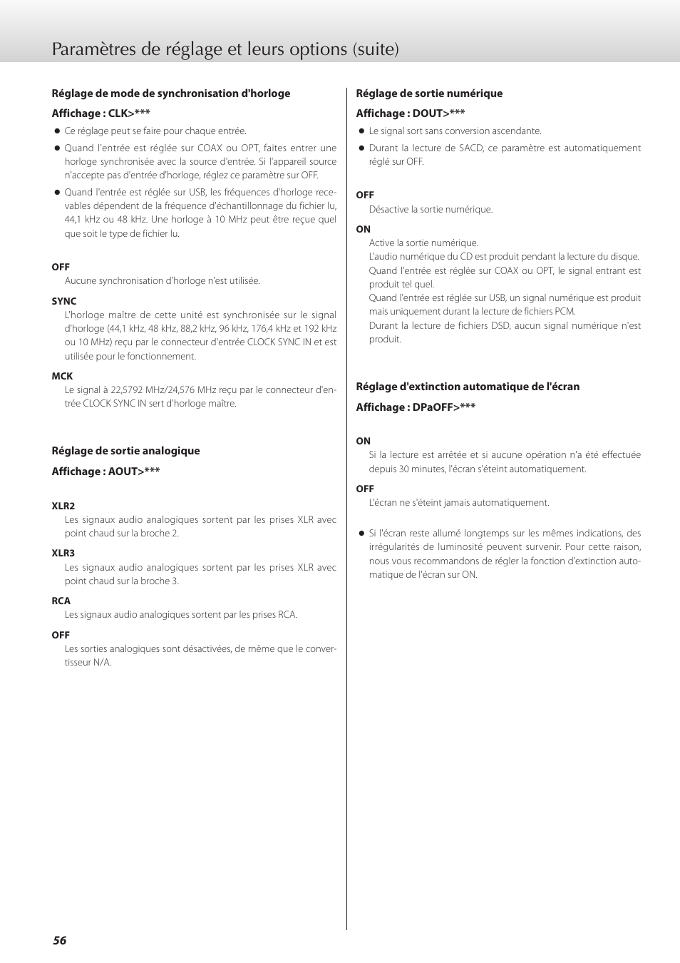 Paramètres de réglage et leurs options (suite) | Teac K-05X User Manual | Page 56 / 96