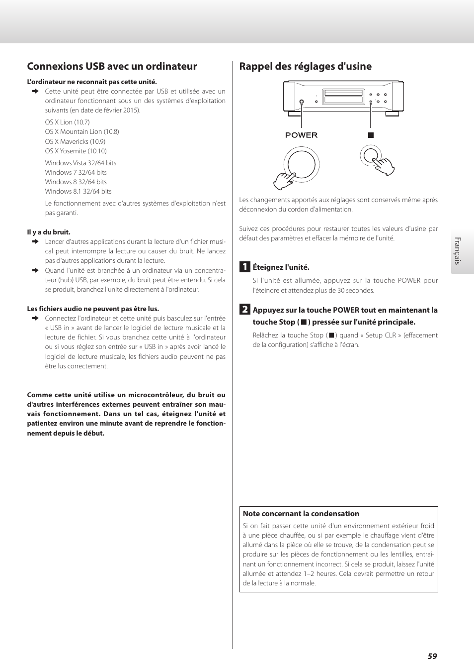 Connexions usb avec un ordinateur, Rappel des réglages d'usine | Teac K-05X User Manual | Page 59 / 96