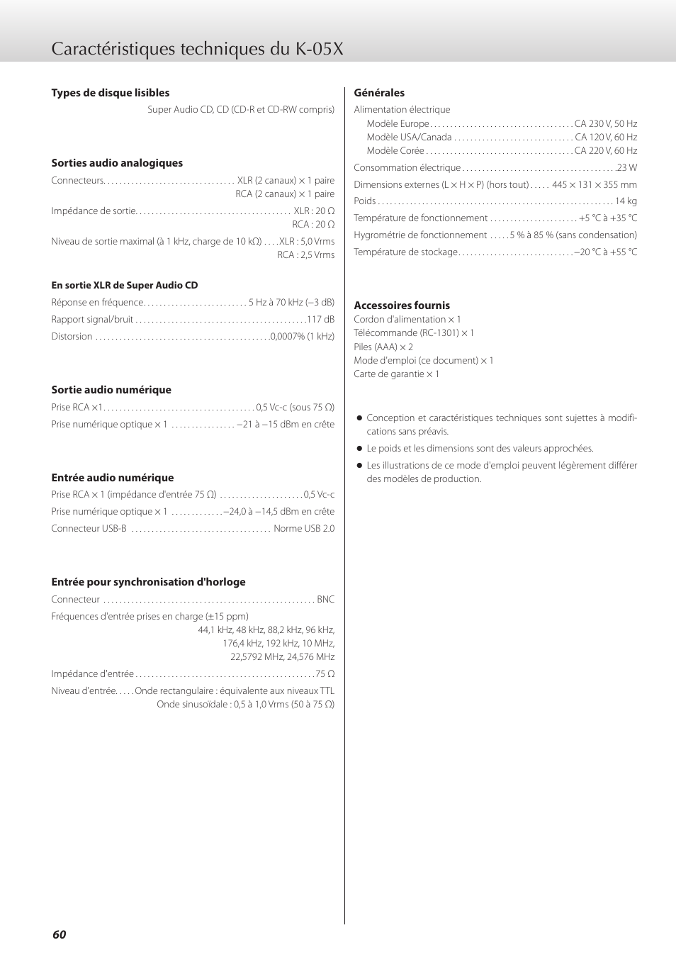 Caractéristiques techniques du k-05x | Teac K-05X User Manual | Page 60 / 96