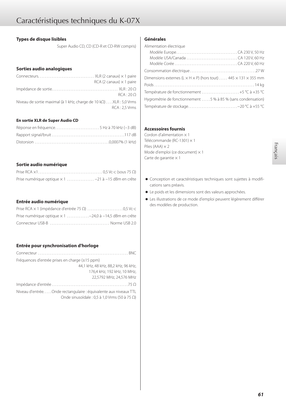 Caractéristiques techniques du k-07x | Teac K-05X User Manual | Page 61 / 96