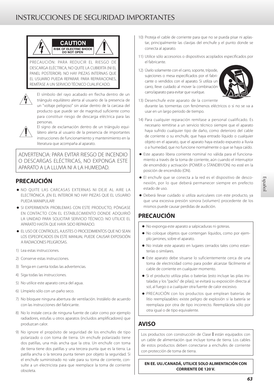 Español, Instrucciones de seguridad importantes, Precaución | Aviso | Teac K-05X User Manual | Page 63 / 96