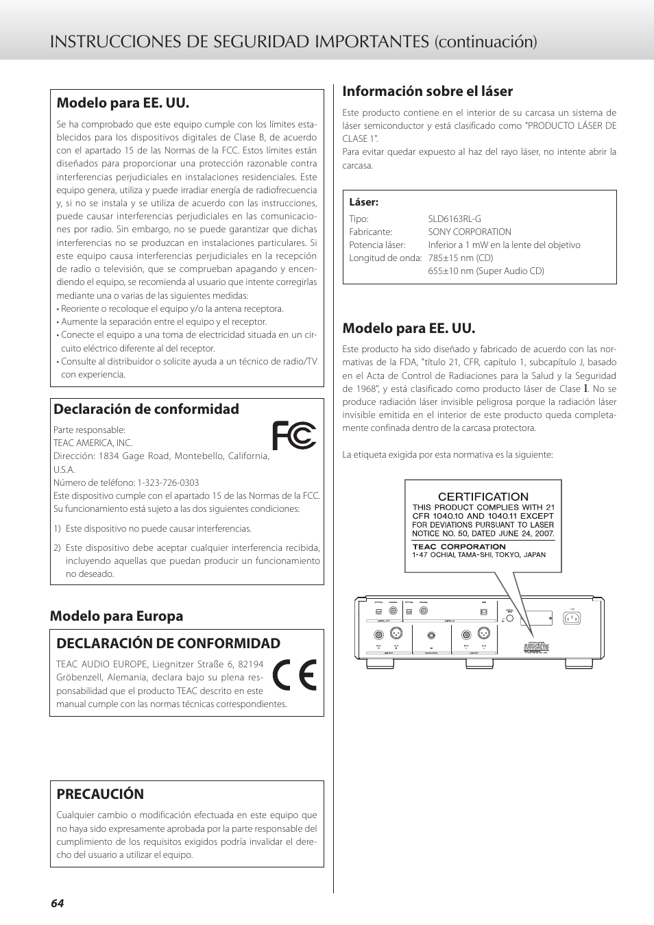 Modelo para ee. uu, Declaración de conformidad, Modelo para europa declaración de conformidad | Precaución, Información sobre el láser | Teac K-05X User Manual | Page 64 / 96