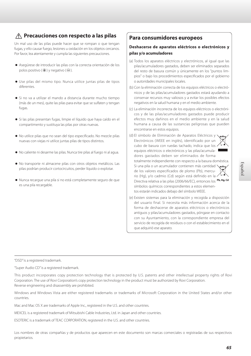 Vprecauciones con respecto a las pilas, Para consumidores europeos | Teac K-05X User Manual | Page 65 / 96