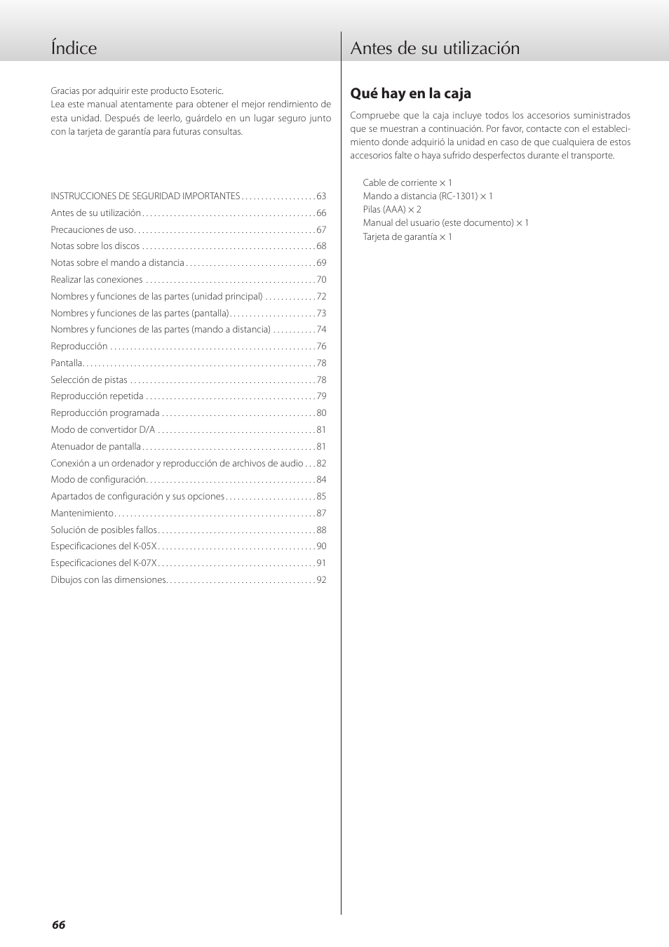 Antes de su utilización, Índice | Teac K-05X User Manual | Page 66 / 96