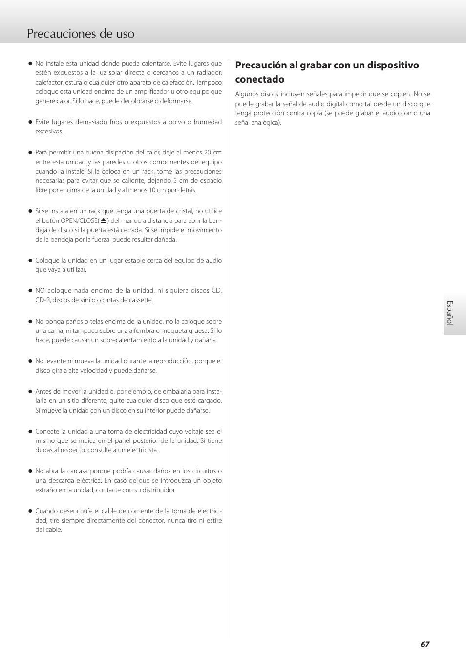 Precauciones de uso, Precaución al grabar con un dispositivo conectado | Teac K-05X User Manual | Page 67 / 96