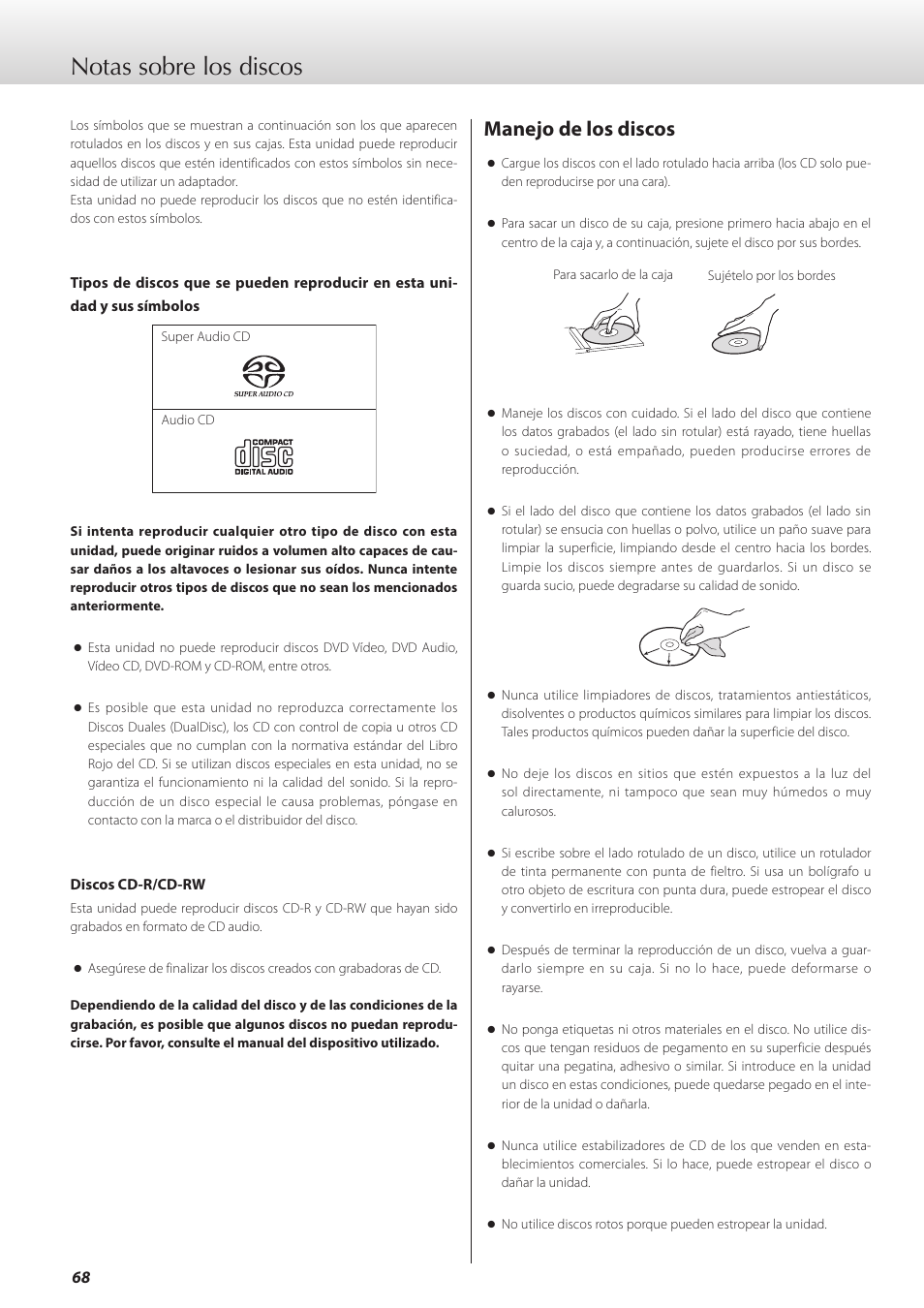 Notas sobre los discos, Manejo de los discos | Teac K-05X User Manual | Page 68 / 96