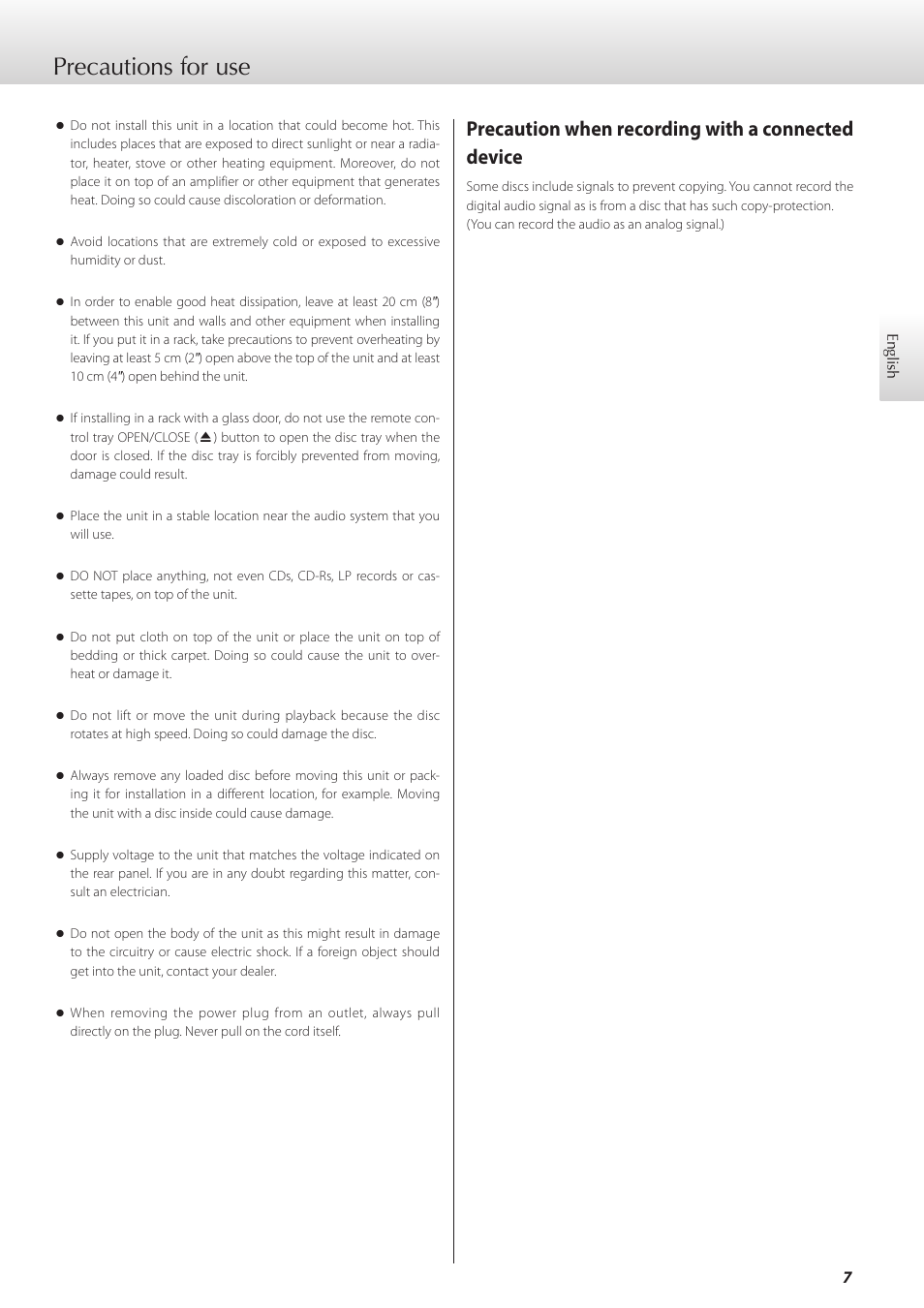 Precautions for use, Precaution when recording with a connected device | Teac K-05X User Manual | Page 7 / 96