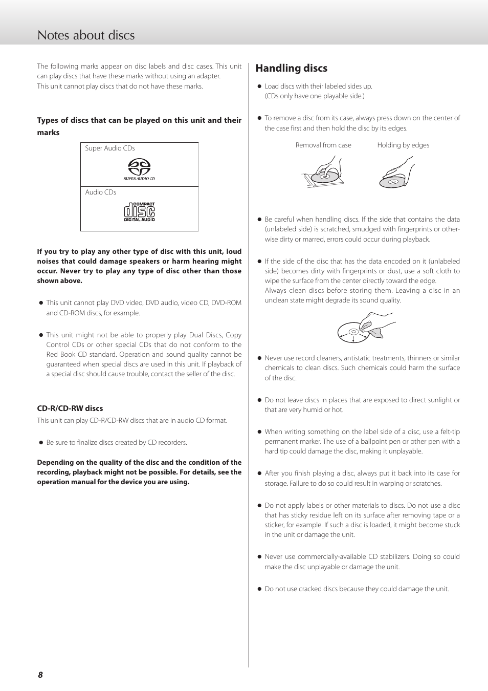 Notes about discs, Handling discs | Teac K-05X User Manual | Page 8 / 96