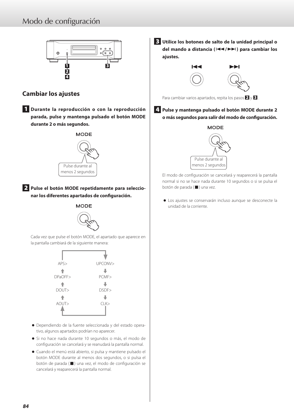 Modo de configuración, Cambiar los ajustes | Teac K-05X User Manual | Page 84 / 96