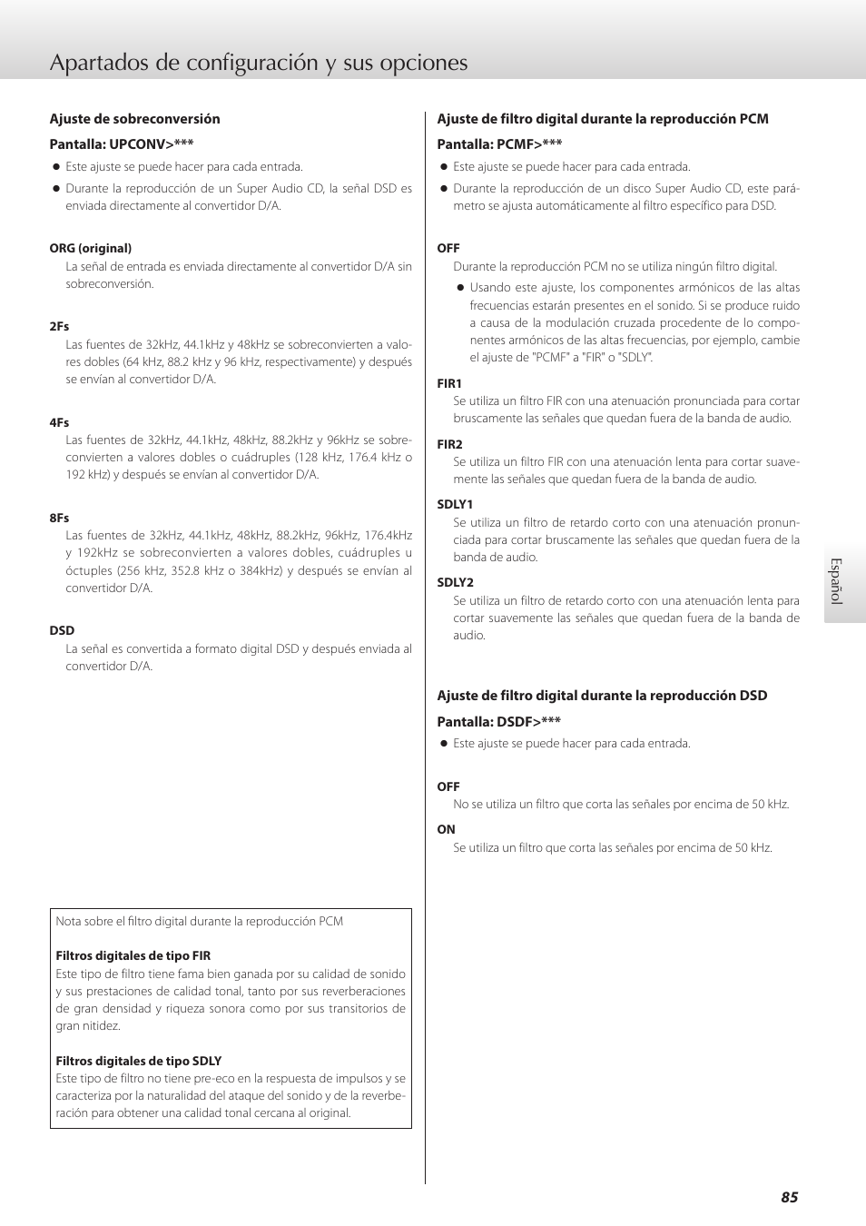 Apartados de configuración y sus opciones | Teac K-05X User Manual | Page 85 / 96