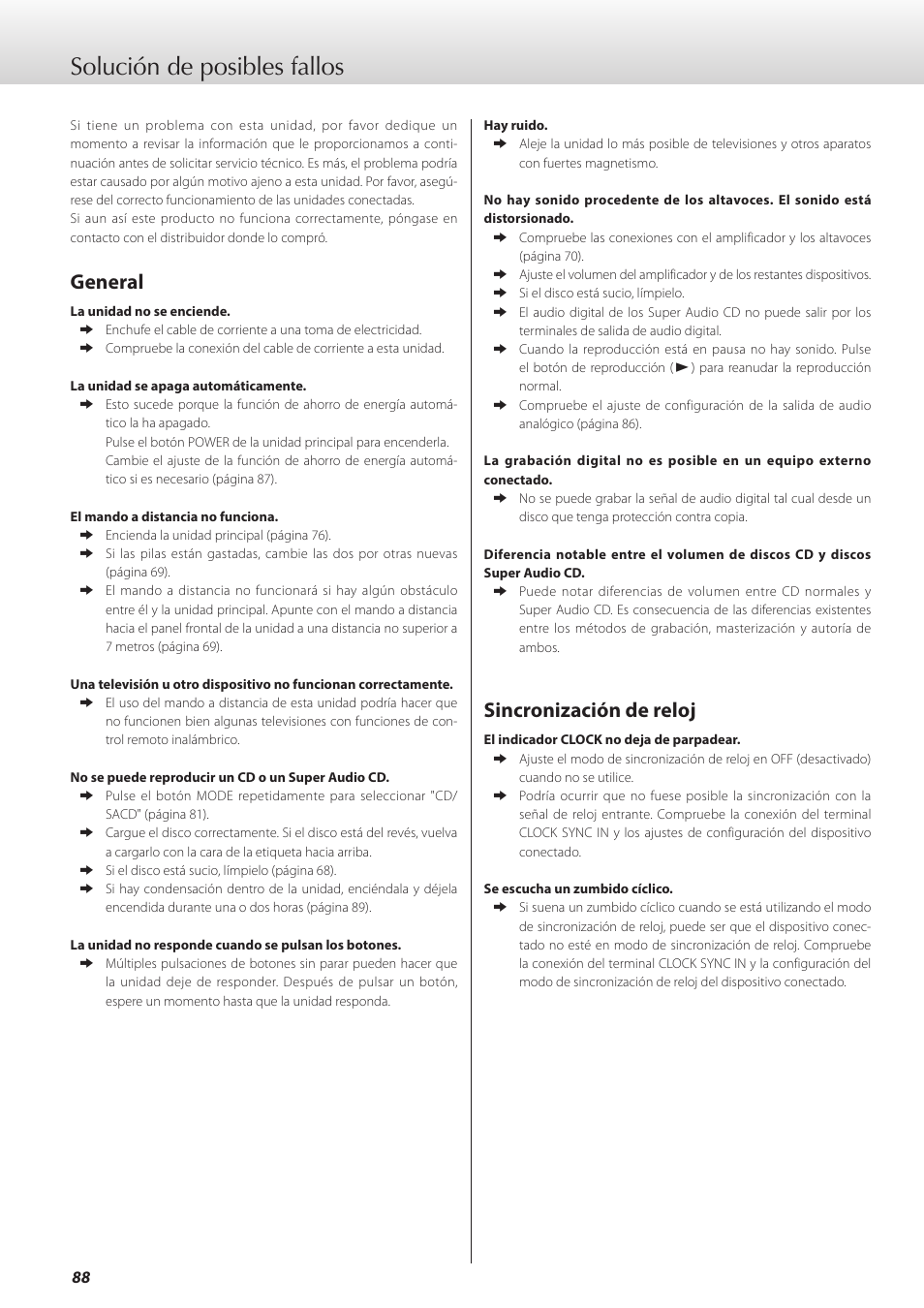 Solución de posibles fallos, General, Sincronización de reloj | Teac K-05X User Manual | Page 88 / 96