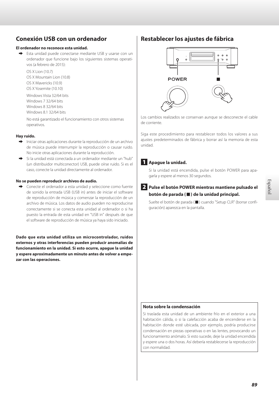 Conexión usb con un ordenador, Restablecer los ajustes de fábrica | Teac K-05X User Manual | Page 89 / 96