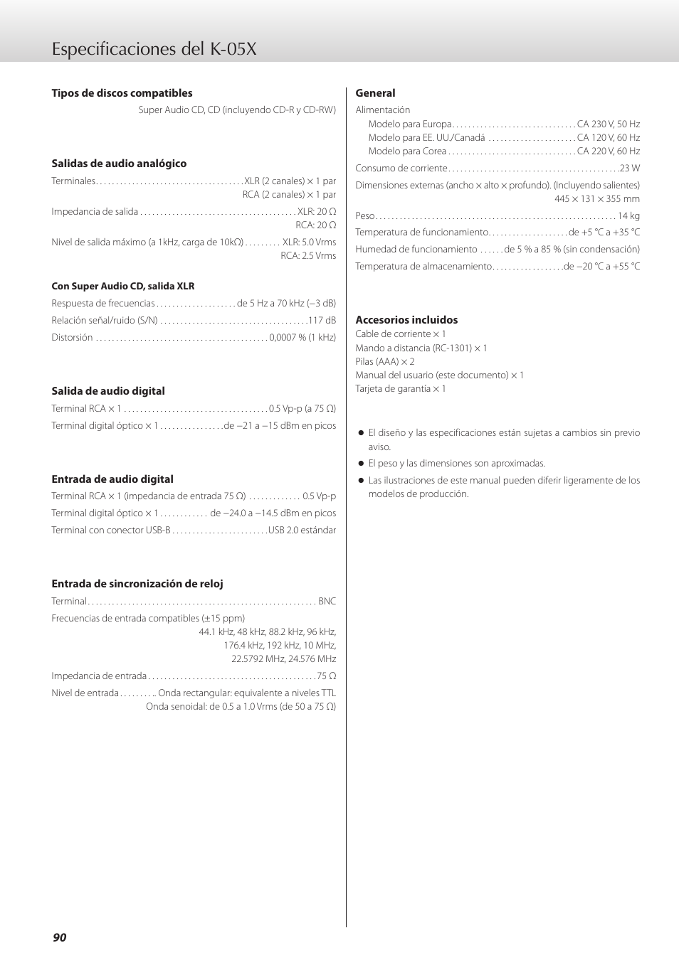 Especificaciones del k-05x | Teac K-05X User Manual | Page 90 / 96