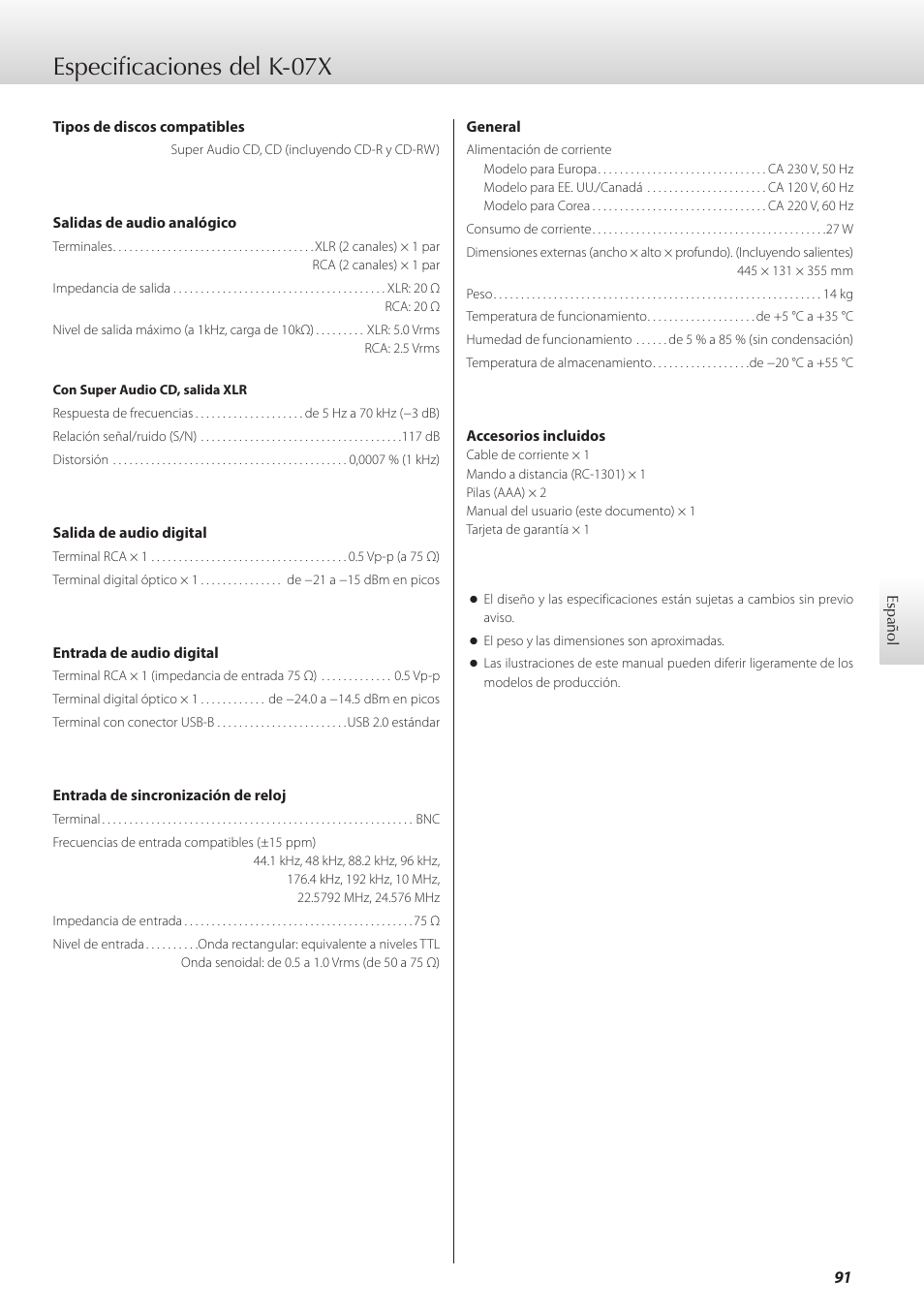 Especificaciones del k-07x | Teac K-05X User Manual | Page 91 / 96