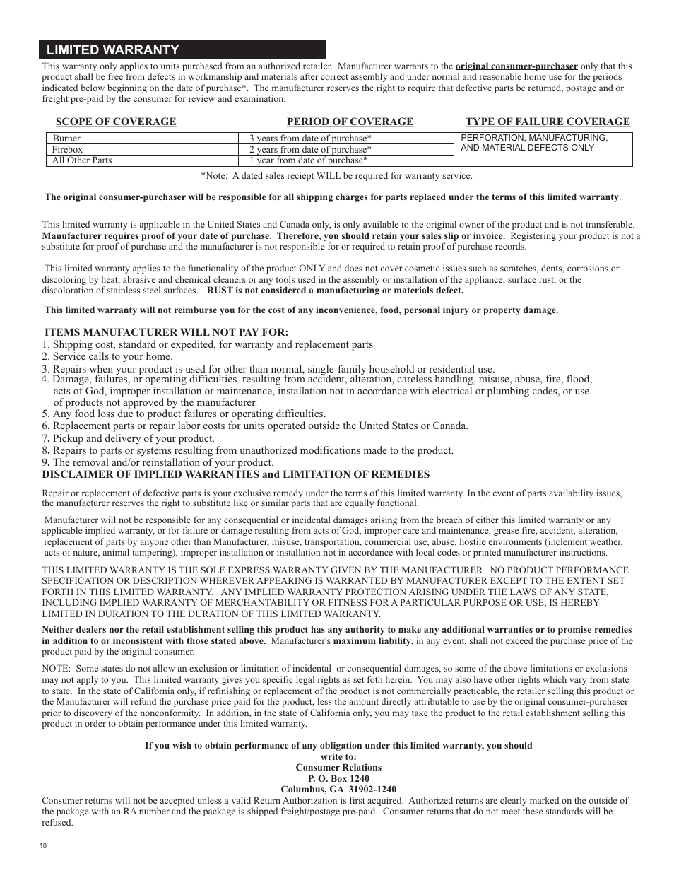 Limited warranty | Char-Broil 463231711 User Manual | Page 10 / 32