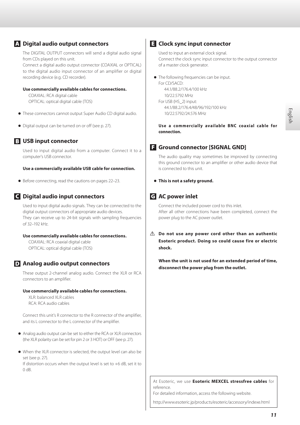 Adigital audio output connectors, Busb input connector, Cdigital audio input connectors | Danalog audio output connectors, Eclock sync input connector, Fground connector [signal gnd, Gac power inlet | Teac K-07 User Manual | Page 11 / 96