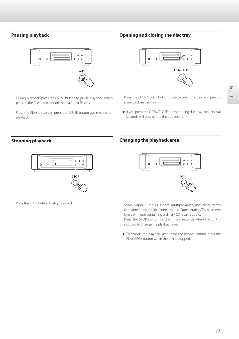 Pausing playback, Stopping playback, Opening and closing the disc tray | Changing the playback area | Teac K-07 User Manual | Page 17 / 96