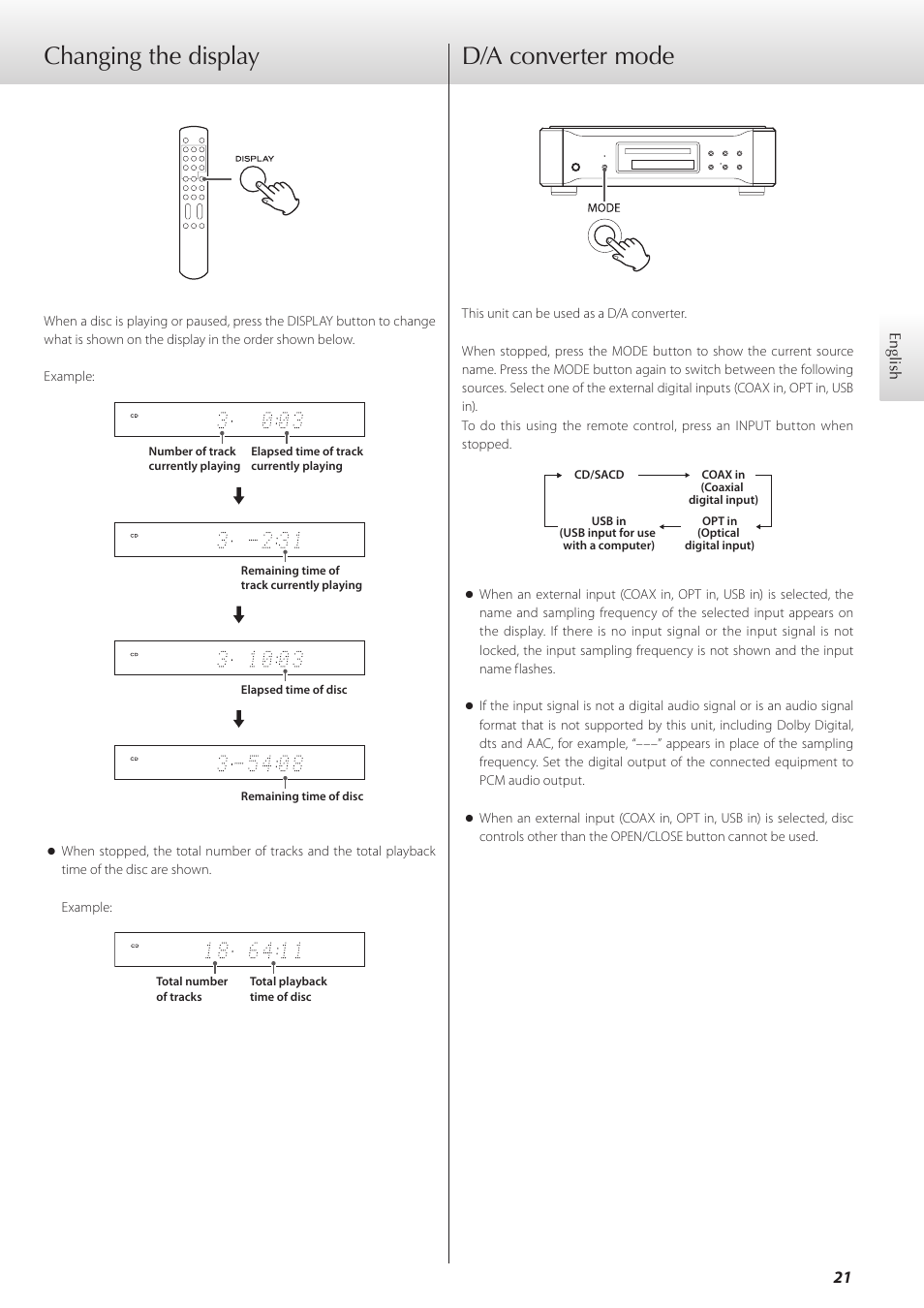 Changing the display, D/a converter mode, Changing the display d/a converter mode | Teac K-07 User Manual | Page 21 / 96