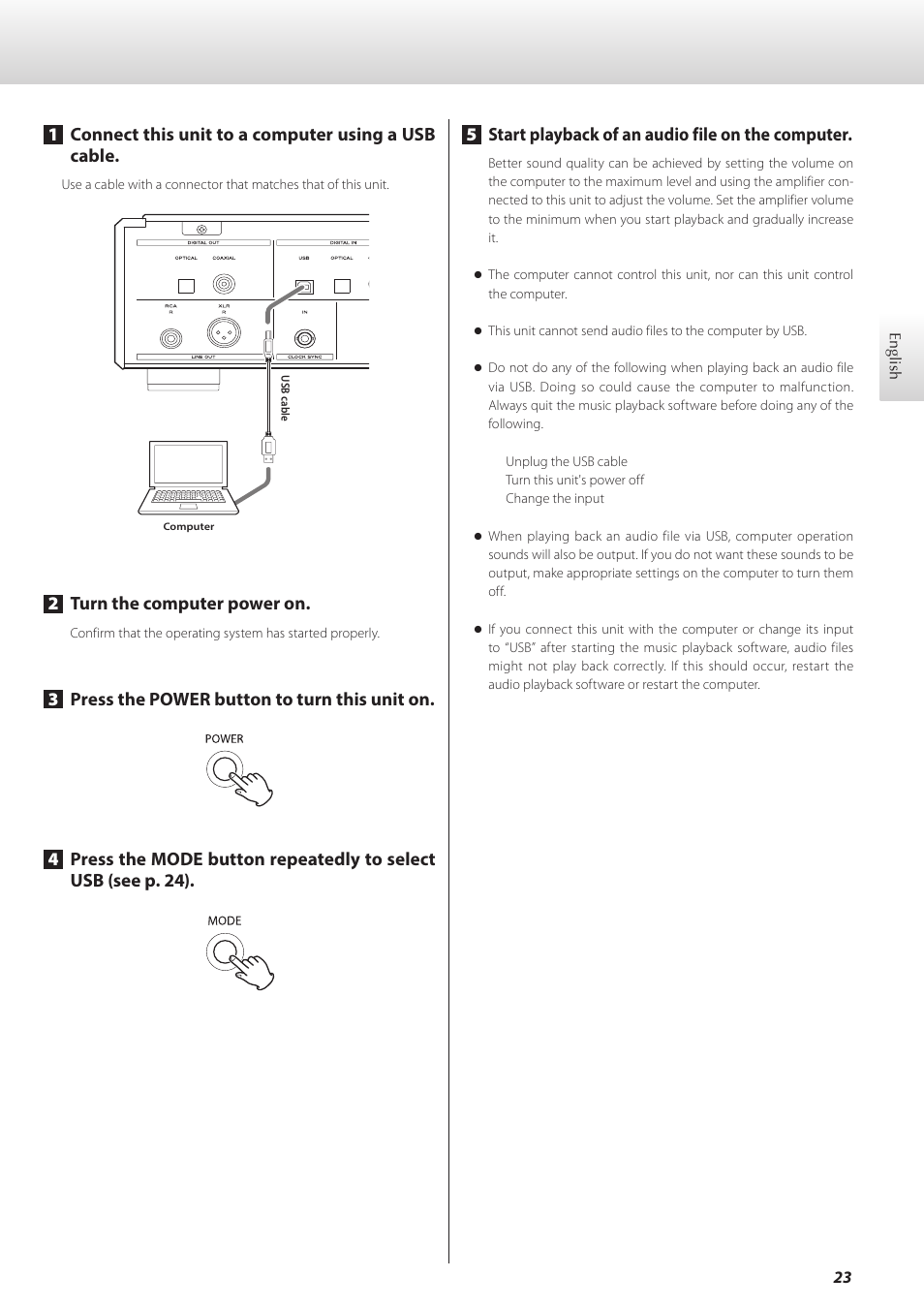 1connect this unit to a computer using a usb cable, 2turn the computer power on | Teac K-07 User Manual | Page 23 / 96