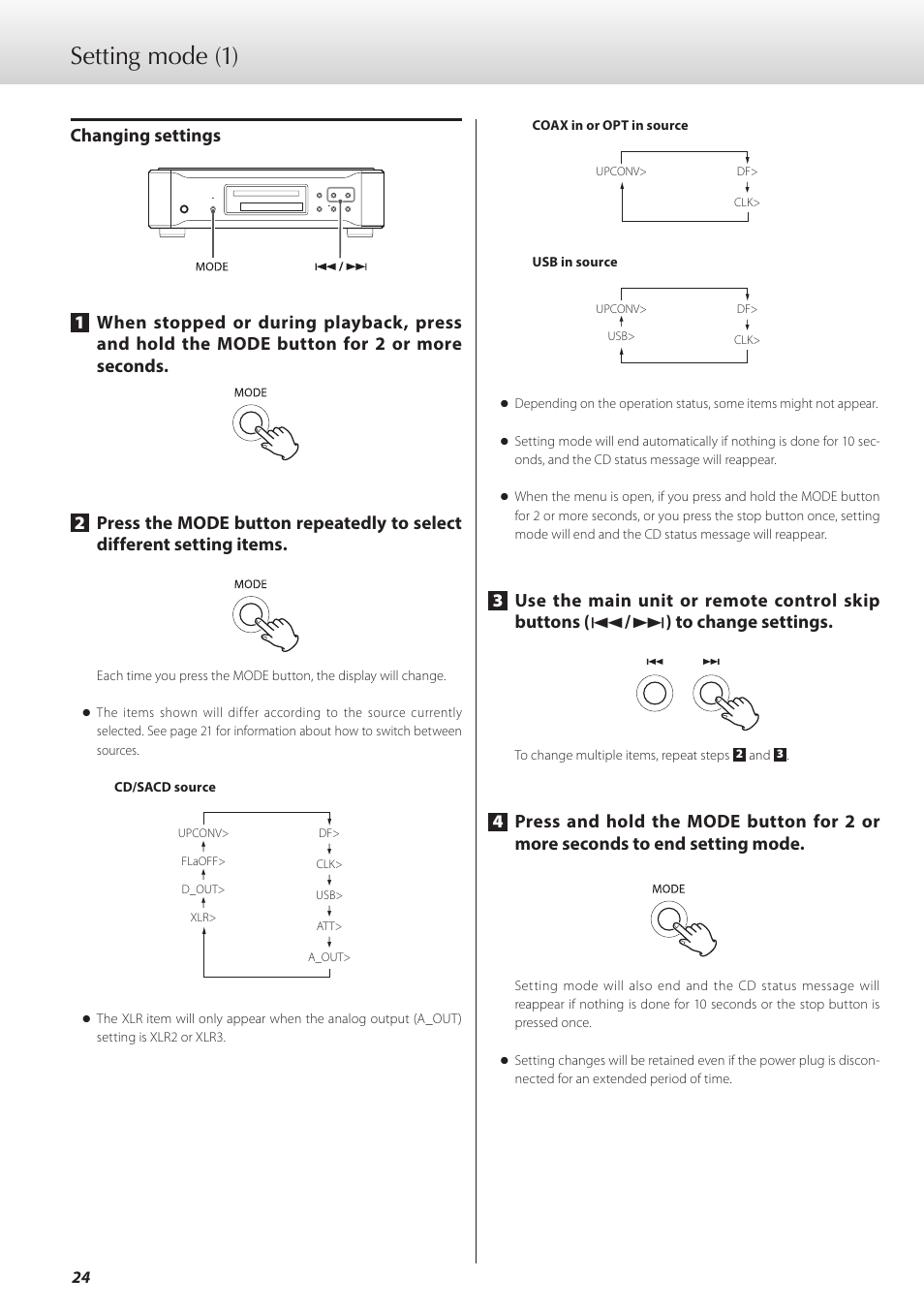 Setting mode, Setting mode (1) | Teac K-07 User Manual | Page 24 / 96