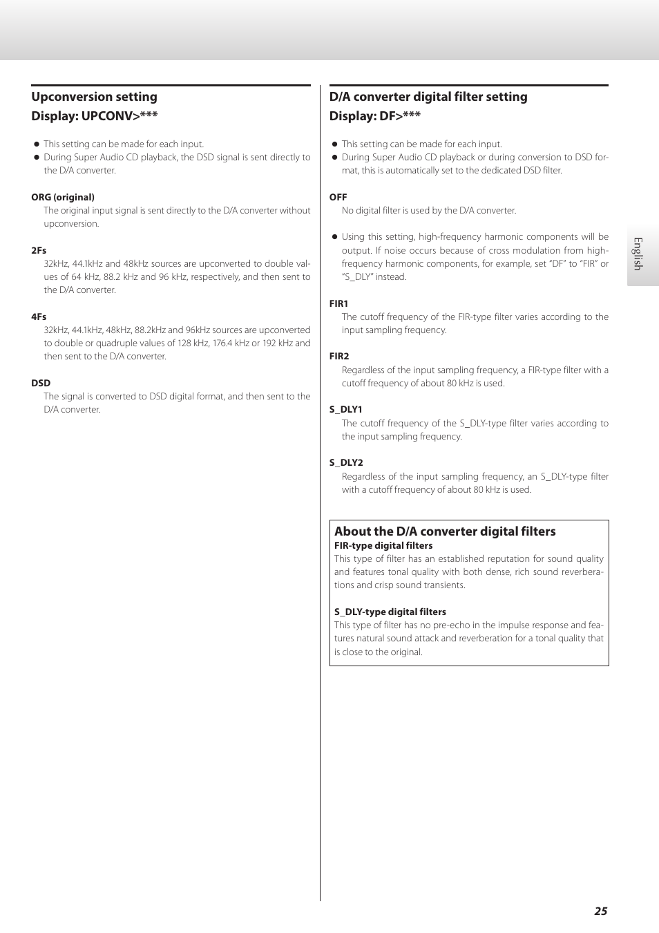 Upconversion setting display: upconv, D/a converter digital filter setting display: df, About the d/a converter digital filters | Teac K-07 User Manual | Page 25 / 96