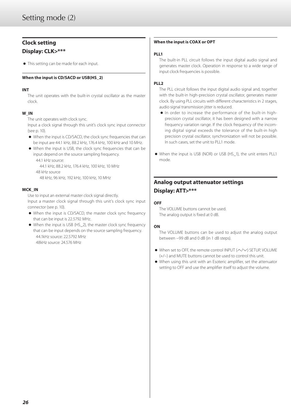 Setting mode (2), Clock setting display: clk, Analog output attenuator settings display: att | Teac K-07 User Manual | Page 26 / 96