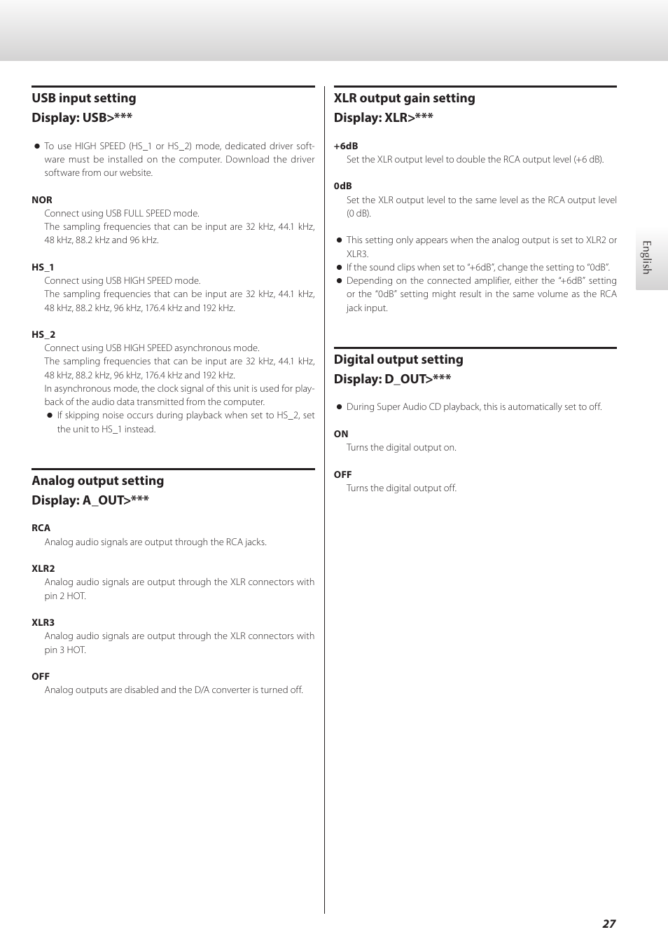 Usb input setting display: usb, Analog output setting display: a_out, Xlr output gain setting display: xlr | Digital output setting display: d_out | Teac K-07 User Manual | Page 27 / 96